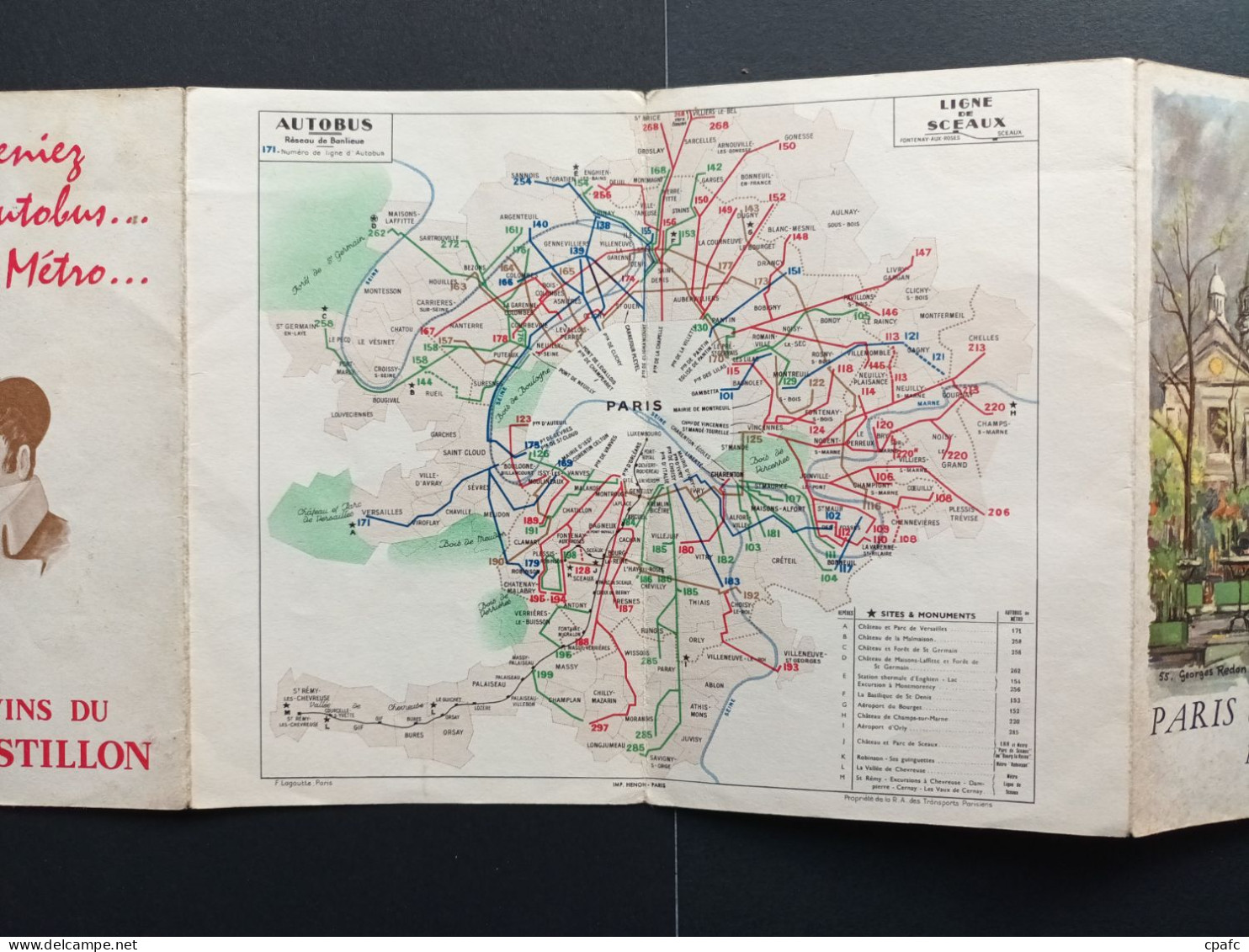 Plan De Paris Et Sa Région Par Les Autobus Et Le Métro / Illustré Par Georges Redon / Publicité Vins Postillon - Europa