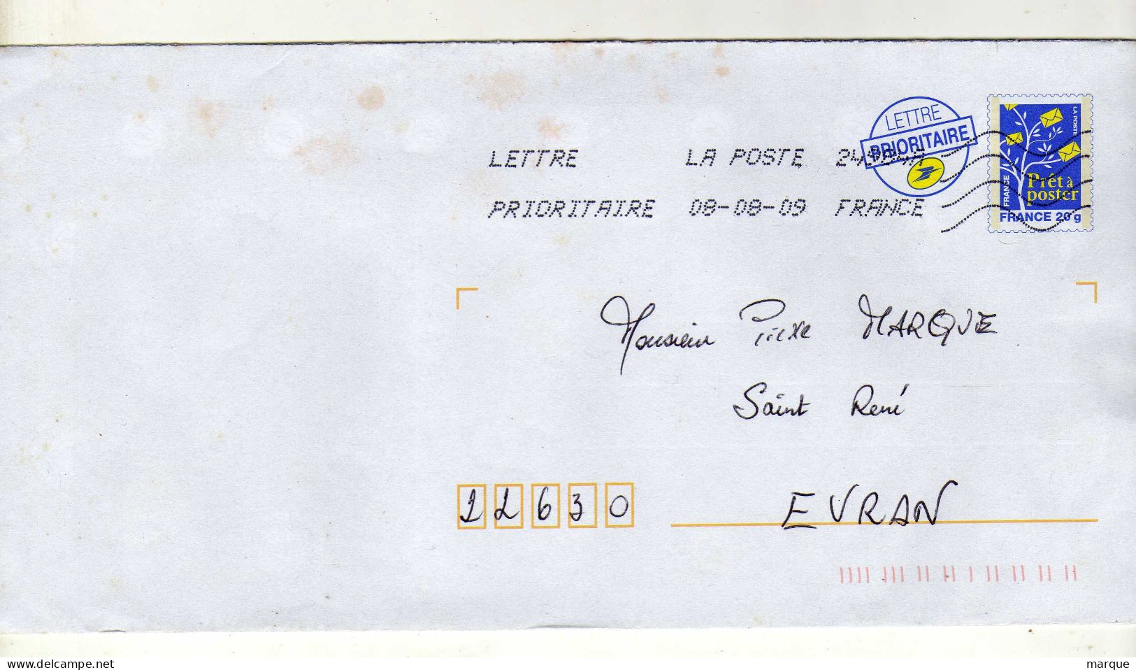 Enveloppe FRANCE Prêt à Poster Lettre Prioritaire 20g Oblitération LA POSTE 24984A 08/08/2009 - Prêts-à-poster:  Autres (1995-...)