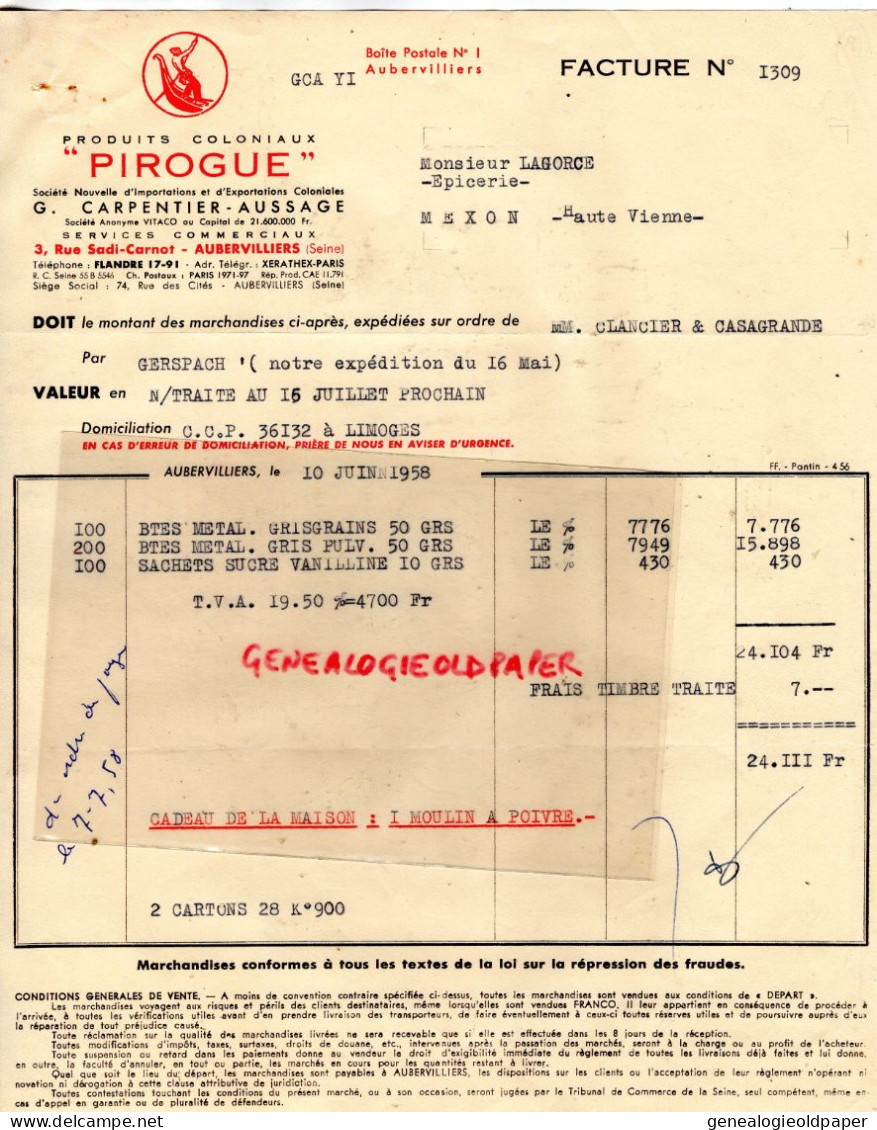 93- AUBERVILLIERS- FACTURE  PIROGUE -G. CARPENTIER AUSSAGE- VITACO -74 RUE DES CITES- 1958 - Food