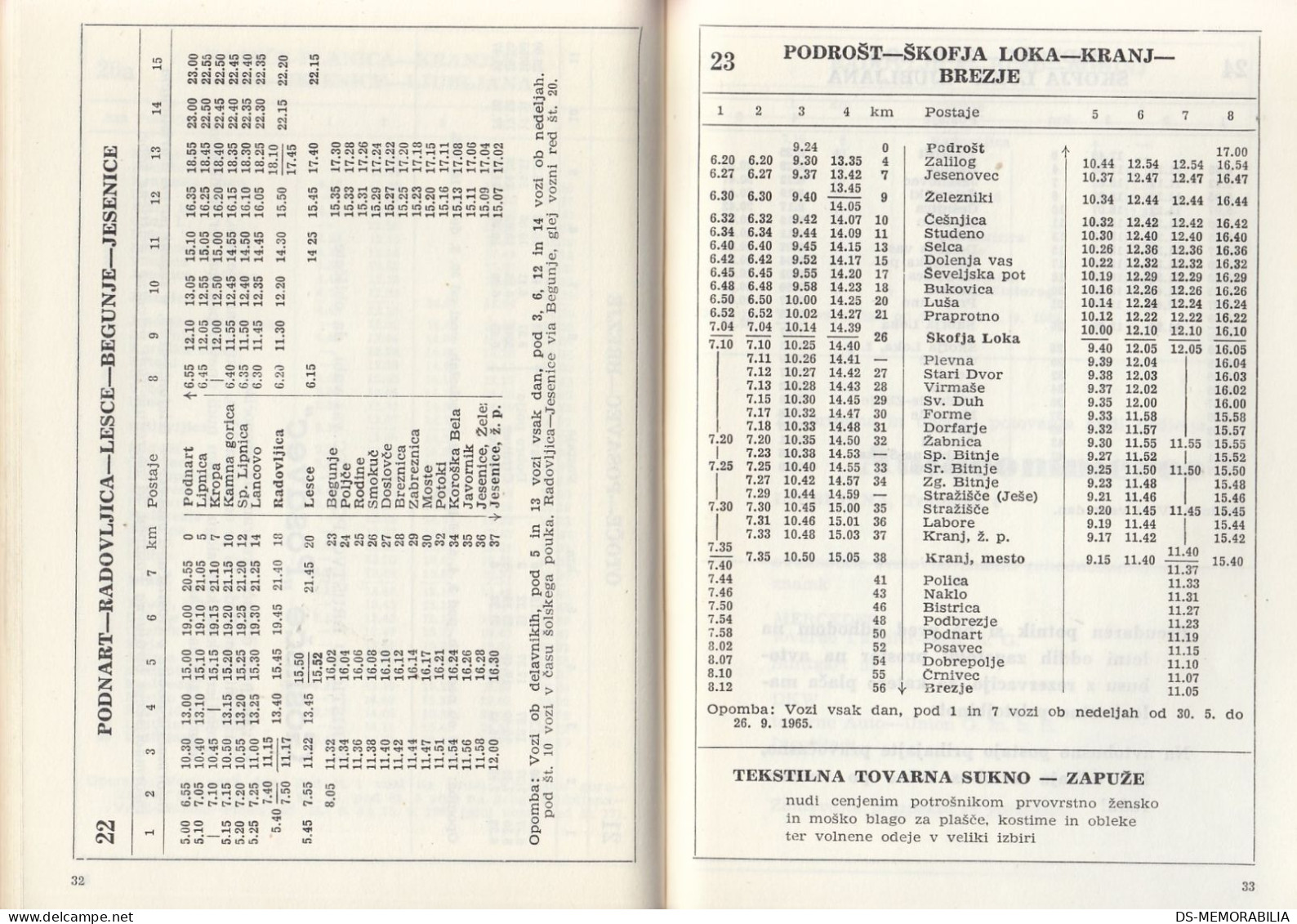 Bus Timetable Transturist Škofja Loka Slovenia Yugoslavia 1965-66 - Europa