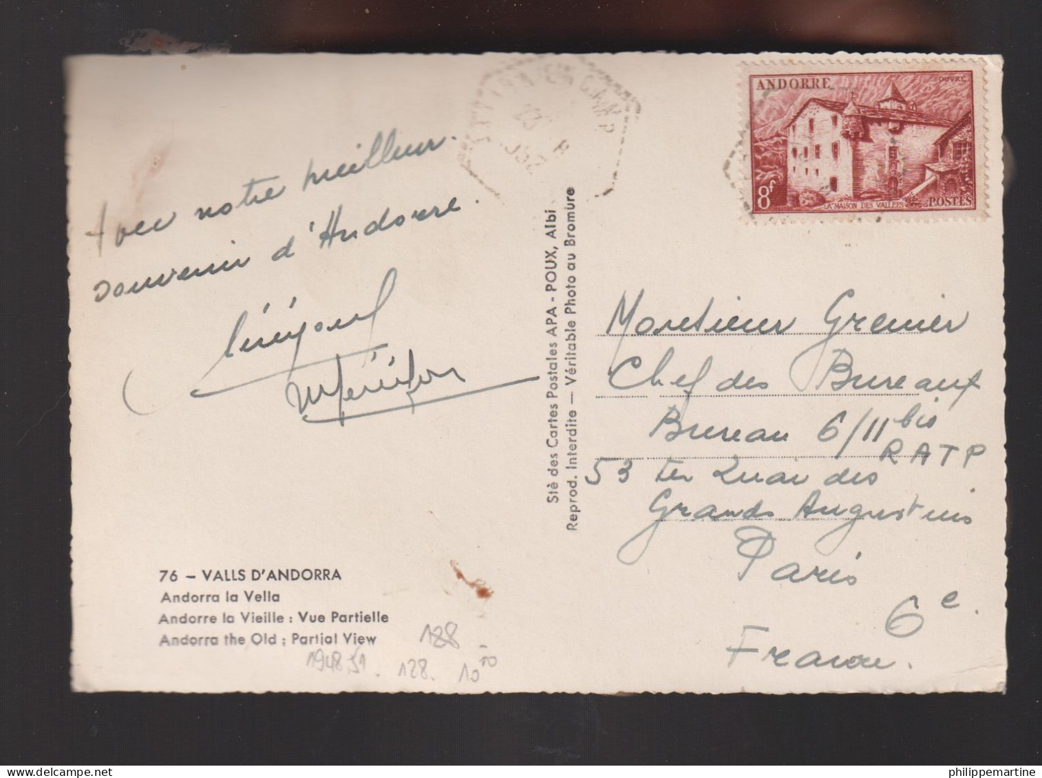 Andorre 1948-51 - YT 128 (o) Seul Au Verso D'une Carte Postale (3 Scans) - Covers & Documents