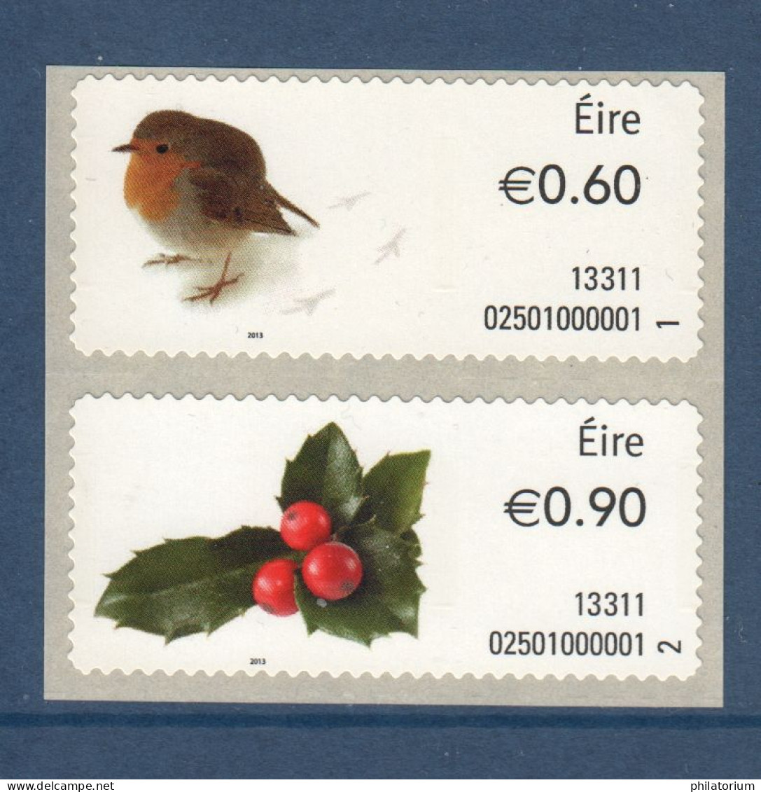 EIRE Irlande, **, Yv D 51, 52, Mi AT 50, 52, SG 47 A, Vignettes Adhésives De Distributeur, Rouge-gorge, Houx, Noël 2013, - Franking Labels