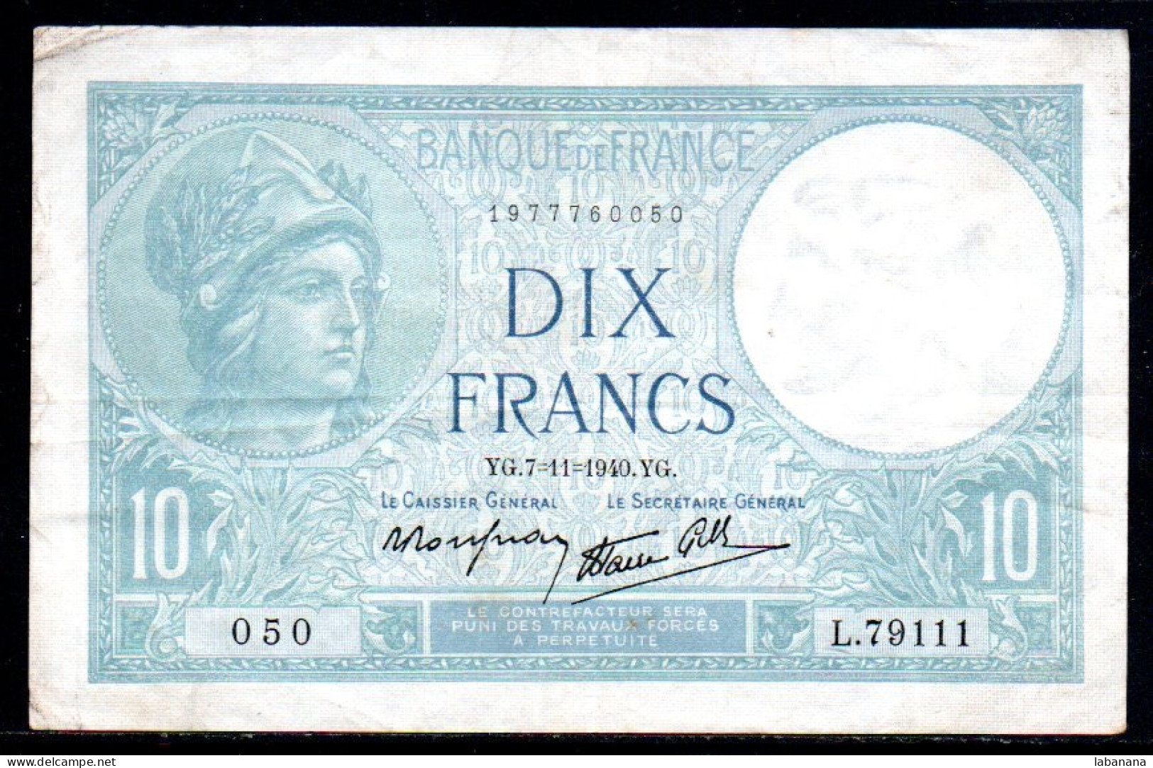 554-France Billet De 10 Francs 1940YG L79111 - 10 F 1916-1942 ''Minerve''