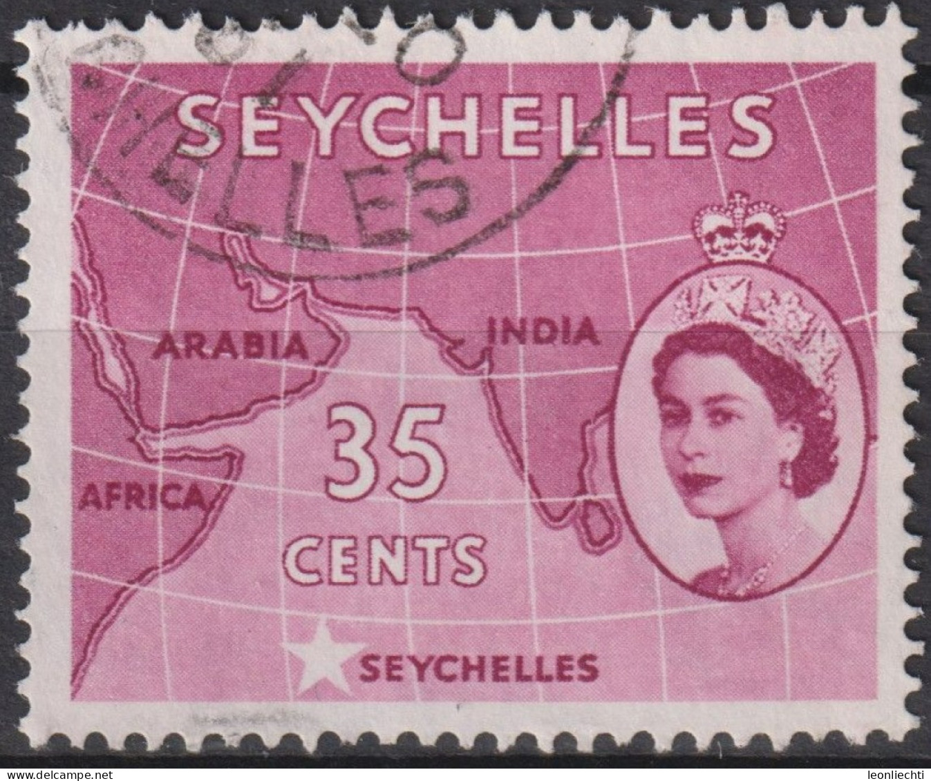 1954 Seychellen (...-1976) ° Mi:SC 176, Sn:SC 178, Yt:SC 171, Map, Königin Elizabeth II. - Seychellen (...-1976)