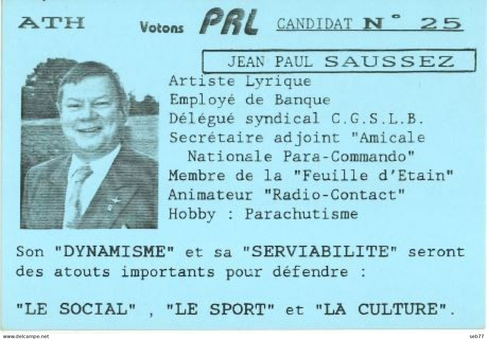 ATH : Votons PRL Candidat N°25 : Jean-Paul SAUSSEZ - Visitekaartjes