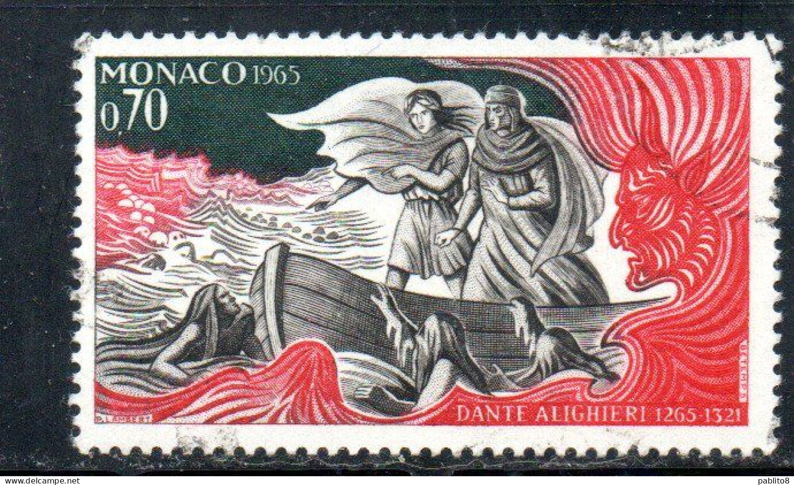 MONACO 1966 DANTE ALIGHIERI 700th ANNIVERSARY BIRTH AND VIRGIL 70c USED USATO OBLITERE' - Gebraucht