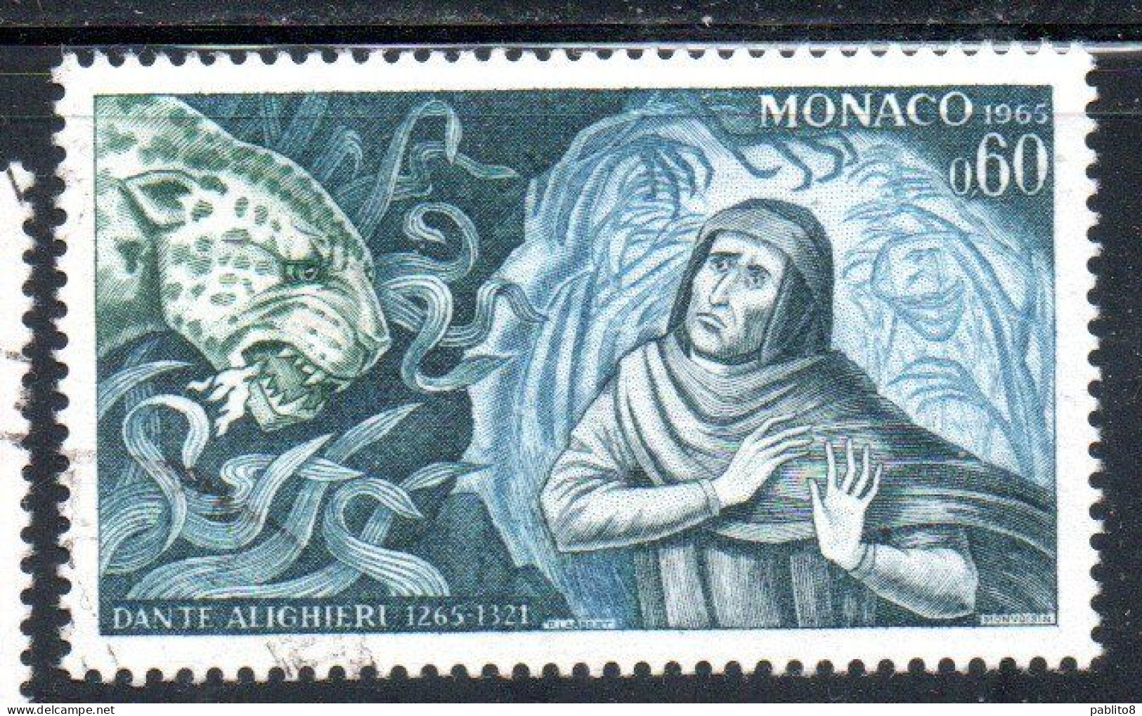 MONACO 1966 DANTE ALIGHIERI 700th ANNIVERSARY BIRTH FACING PANTHER OF ENVY 60c USED USATO OBLITERE' - Used Stamps
