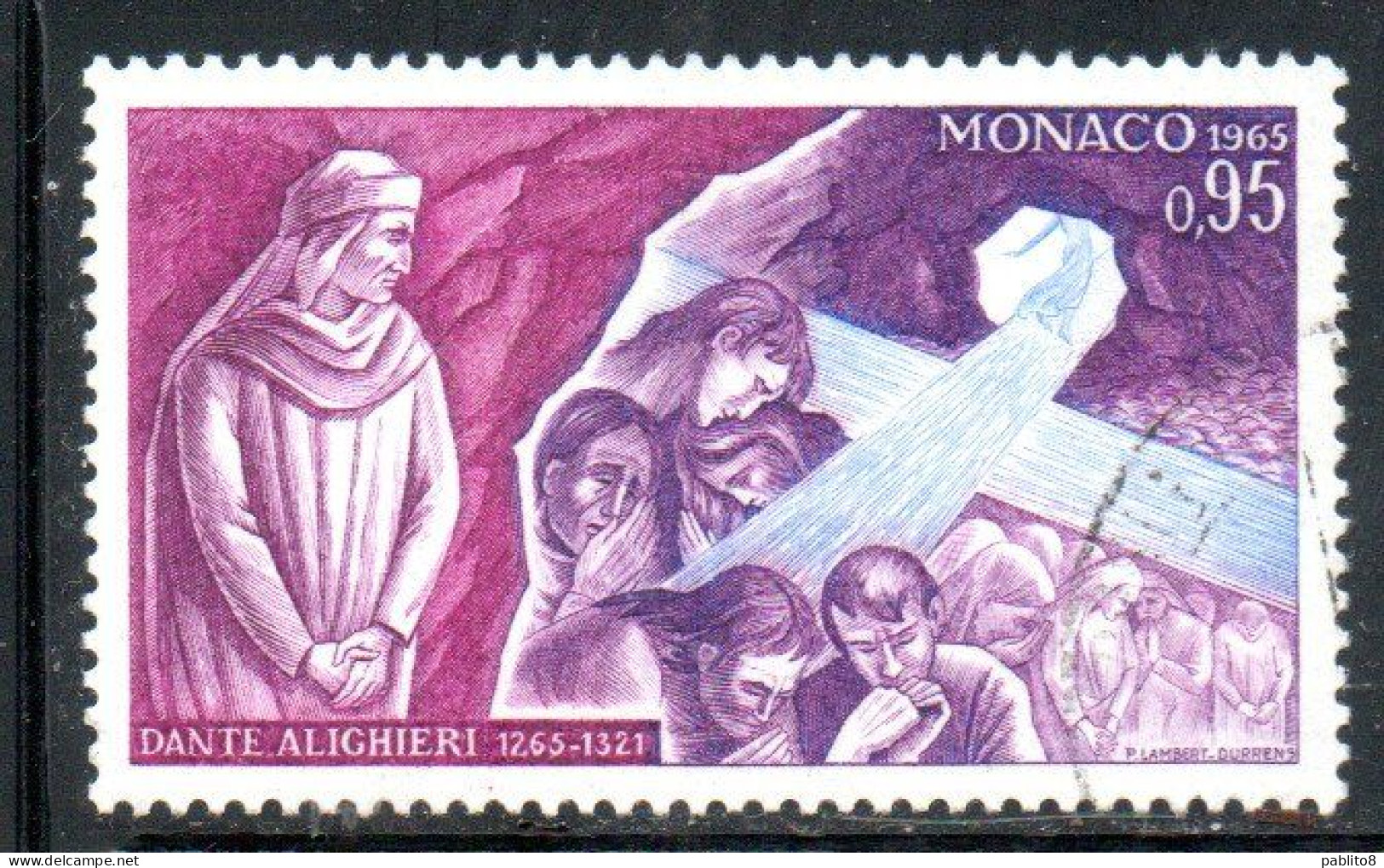 MONACO 1966 DANTE ALIGHIERI 700th ANNIVERSARY BIRTH WATCHING ARROGANT AND CROSS SALVATION 95c USED USATO OBLITERE' - Gebraucht