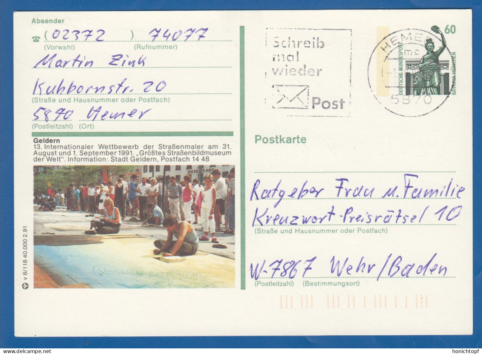 Deutschland; BRD; Postkarte; 60 Pf Bavaria München; Geldern, 13 Strassenmaler Wettbewerb 1991; Bild2 - Postales Ilustrados - Usados