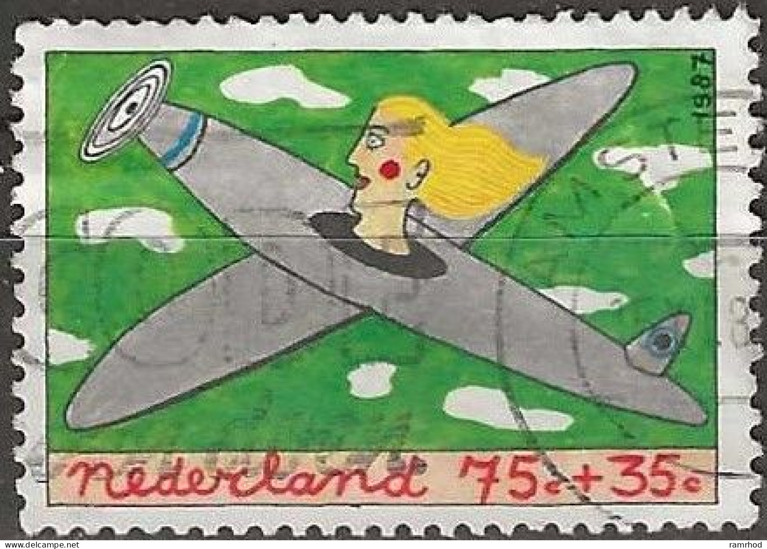 NETHERLANDS 1987 Child Welfare. Child And Profession - 75c.+35c. - Woman Pilot FU - Oblitérés