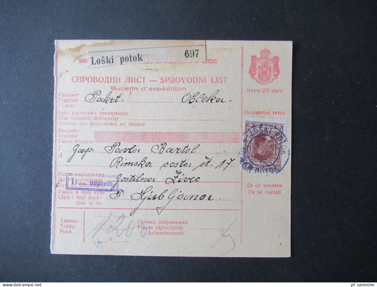 Jugoslawien 1931 Paketkarte Stempel Und Zettel Loski Potok Nach Ljubljana Mit 2 Stempeln Rückseitig - Lettres & Documents