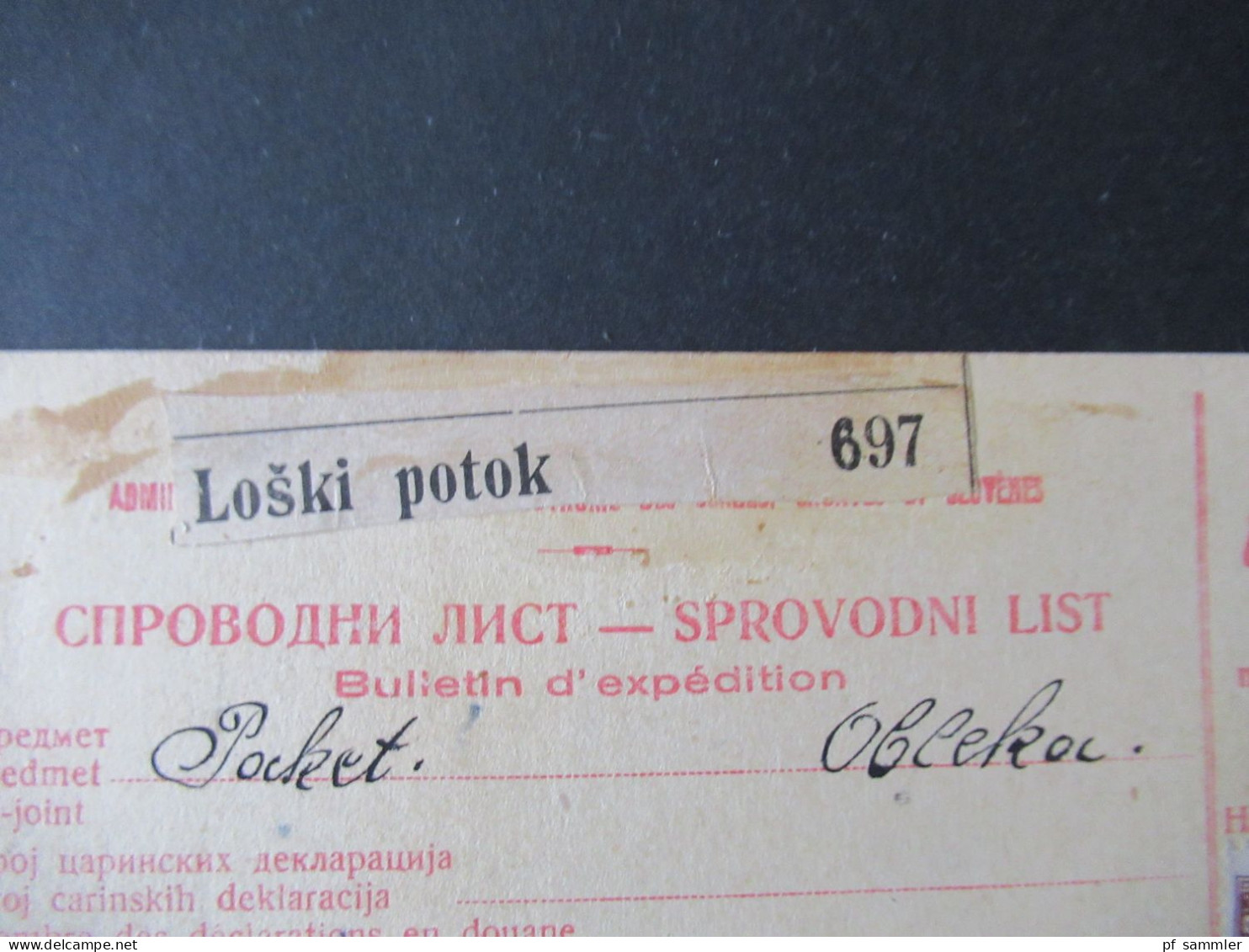 Jugoslawien 1931 Paketkarte Stempel Und Zettel Loski Potok Nach Ljubljana Mit 2 Stempeln Rückseitig - Lettres & Documents