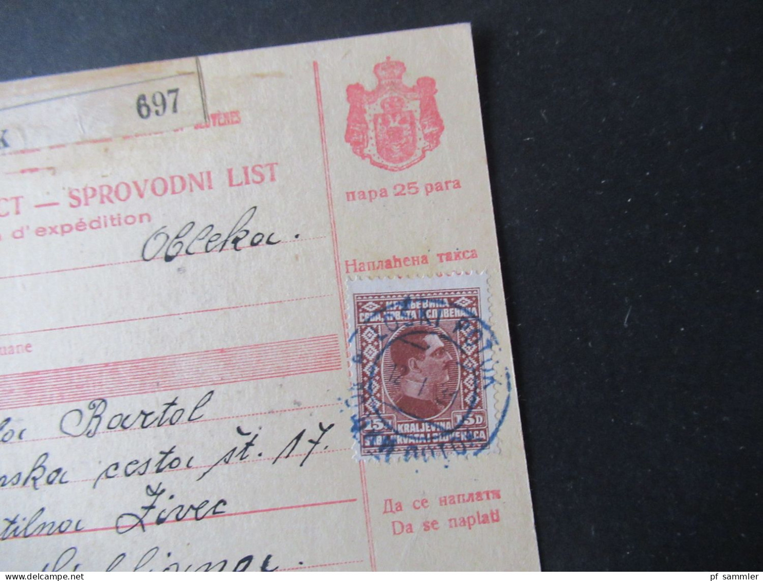 Jugoslawien 1931 Paketkarte Stempel Und Zettel Loski Potok Nach Ljubljana Mit 2 Stempeln Rückseitig - Cartas & Documentos