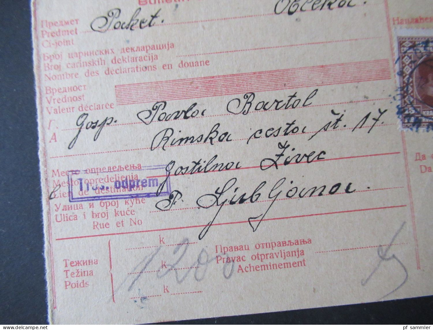 Jugoslawien 1931 Paketkarte Stempel Und Zettel Loski Potok Nach Ljubljana Mit 2 Stempeln Rückseitig - Briefe U. Dokumente