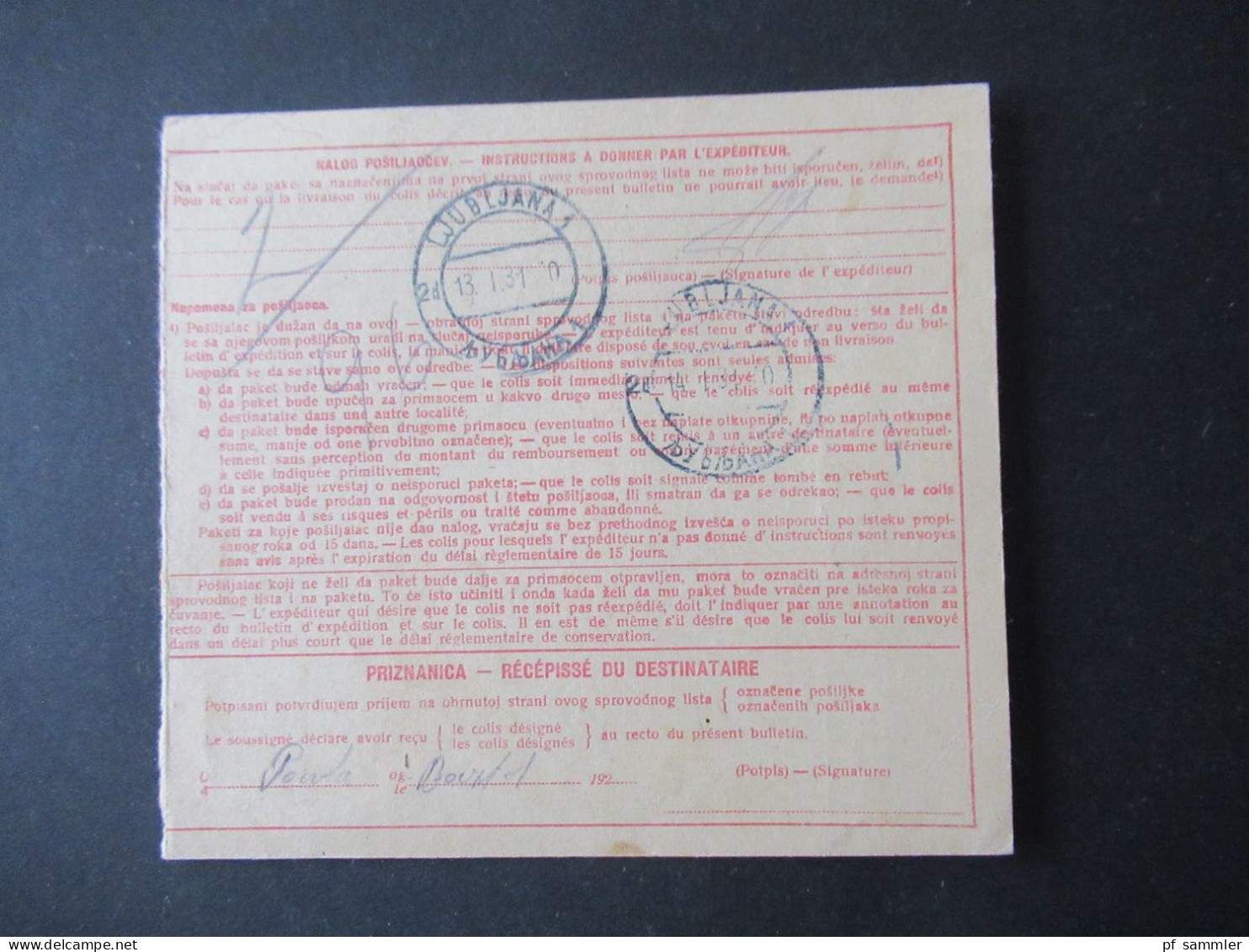 Jugoslawien 1931 Paketkarte Stempel Und Zettel Loski Potok Nach Ljubljana Mit 2 Stempeln Rückseitig - Covers & Documents