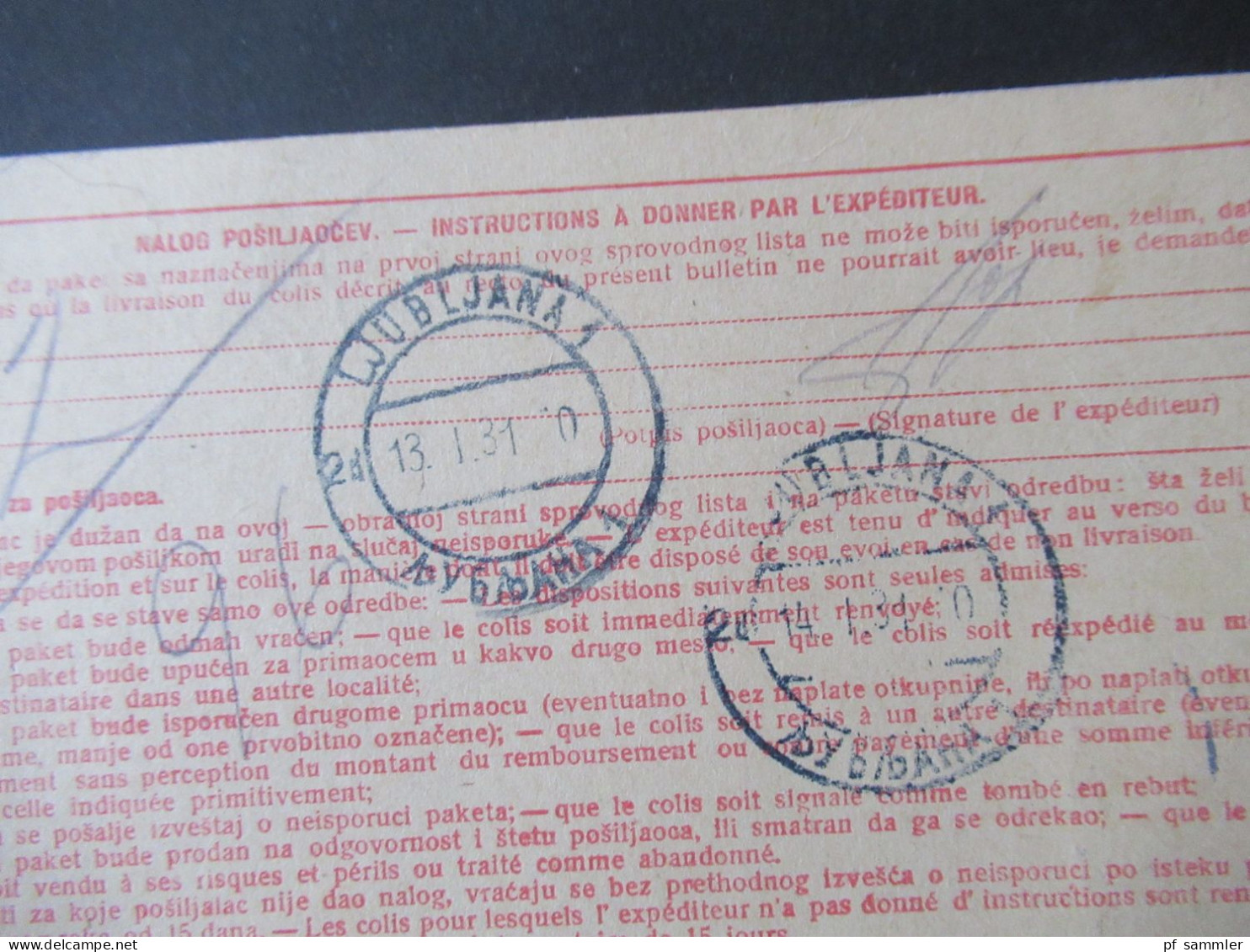 Jugoslawien 1931 Paketkarte Stempel Und Zettel Loski Potok Nach Ljubljana Mit 2 Stempeln Rückseitig - Cartas & Documentos