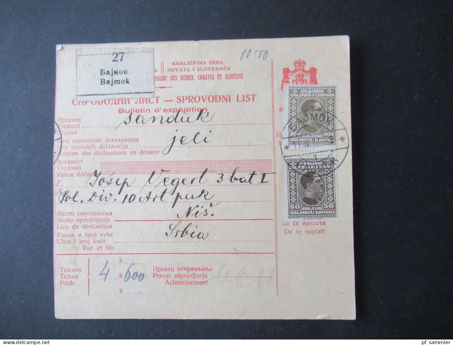 Jugoslawien 1927 Paketkarte Stempel Und Zettel Bajmok Violetter Stempel Rückseitig Nach Niche / Nis - Storia Postale