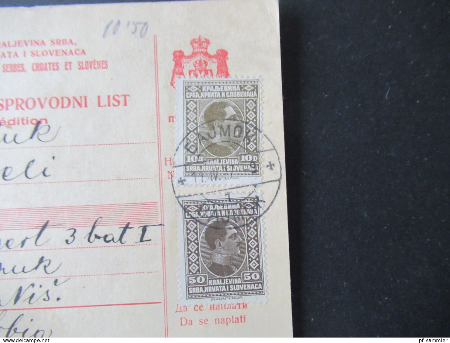 Jugoslawien 1927 Paketkarte Stempel Und Zettel Bajmok Violetter Stempel Rückseitig Nach Niche / Nis - Brieven En Documenten