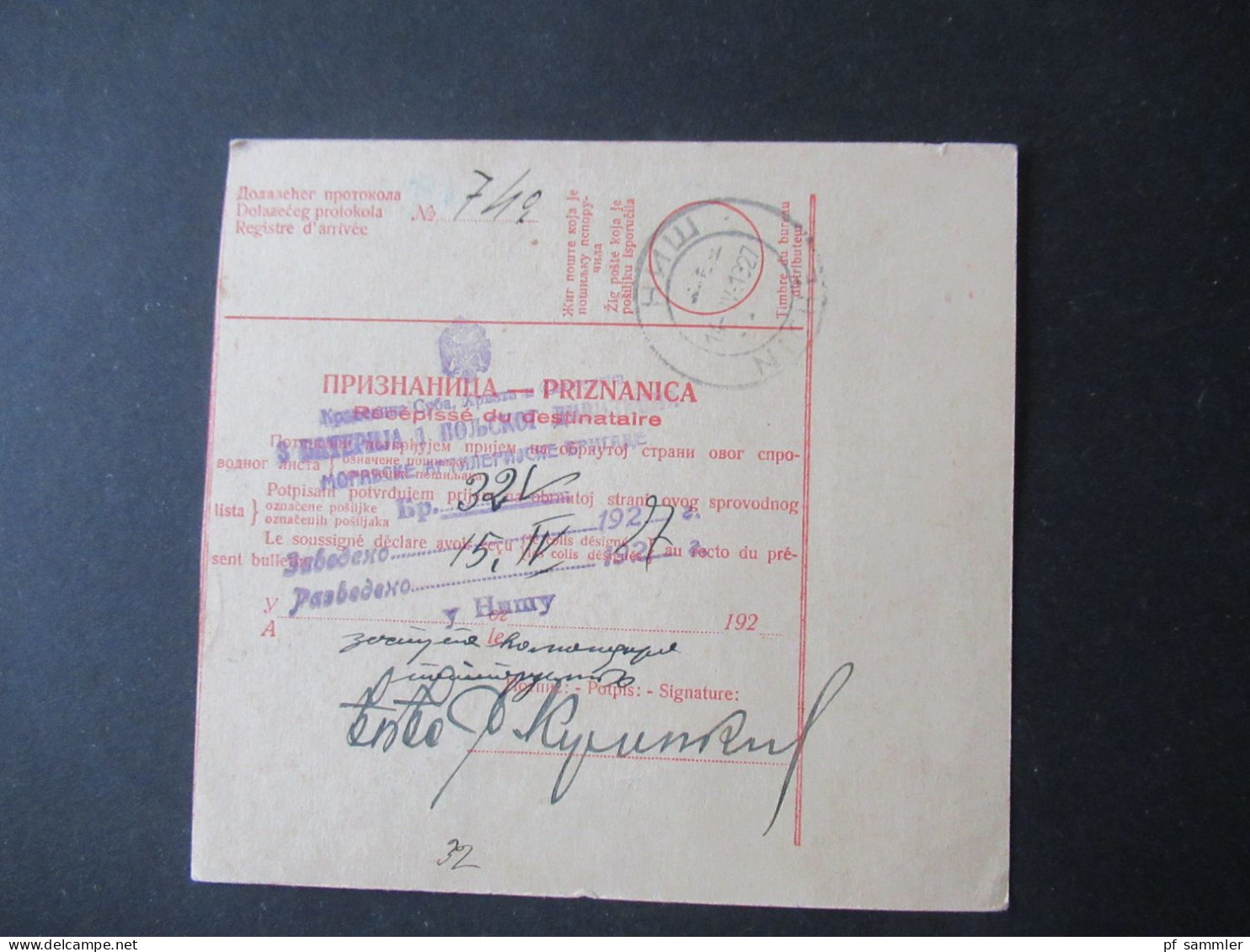 Jugoslawien 1927 Paketkarte Stempel Und Zettel Bajmok Violetter Stempel Rückseitig Nach Niche / Nis - Covers & Documents
