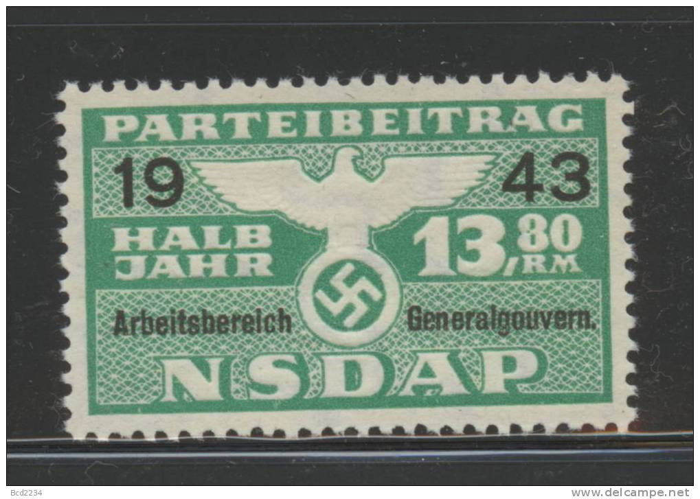 POLAND GEN GOVT 1943 1/2 YEAR NSDAP MEMBERSHIP DUE ERLER#89 NO GUM - Revenue Stamps