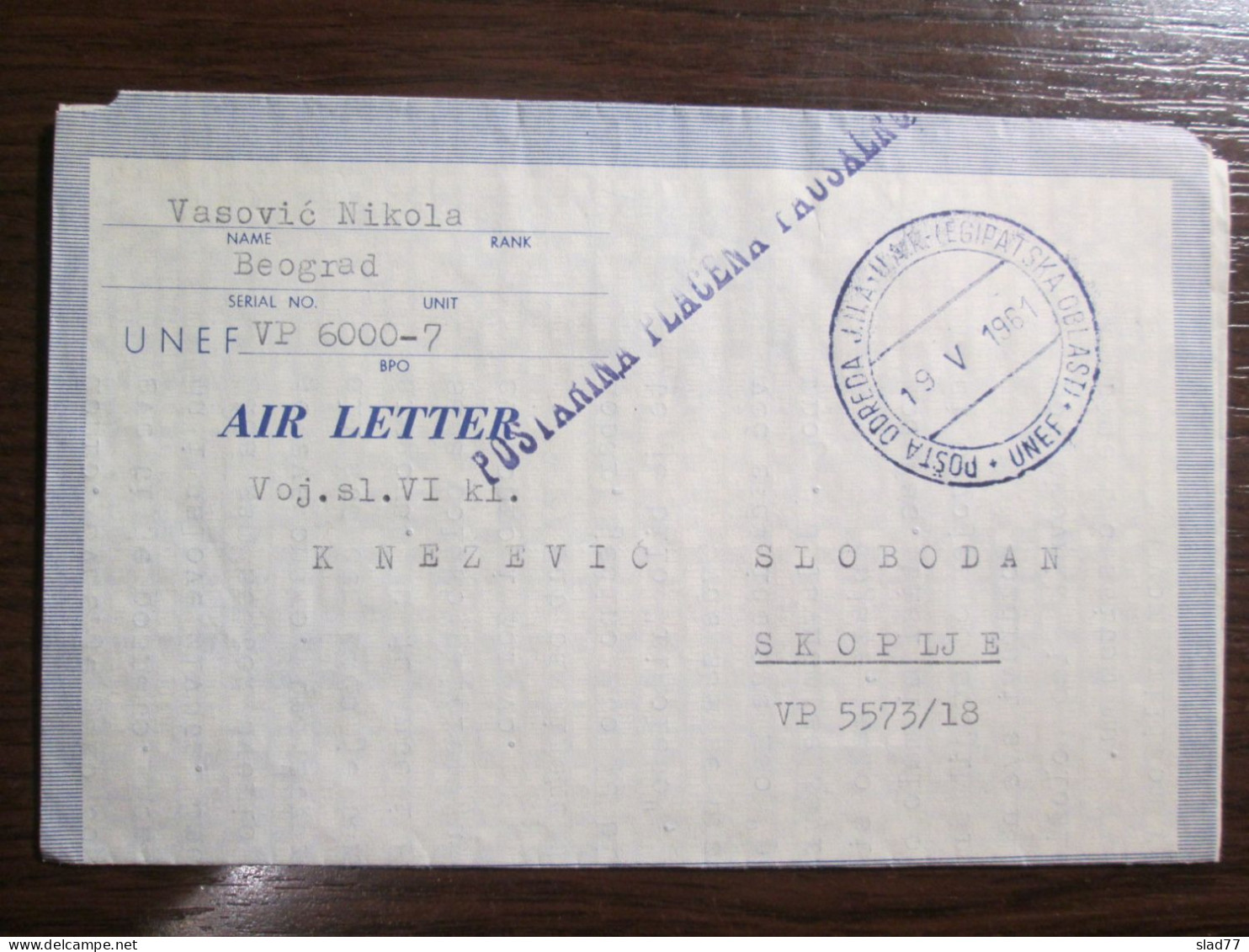 Air Cover Letter Of U.N.E.F. Yugoslav Army Contigent In Egypt 1961. - Posta Aerea