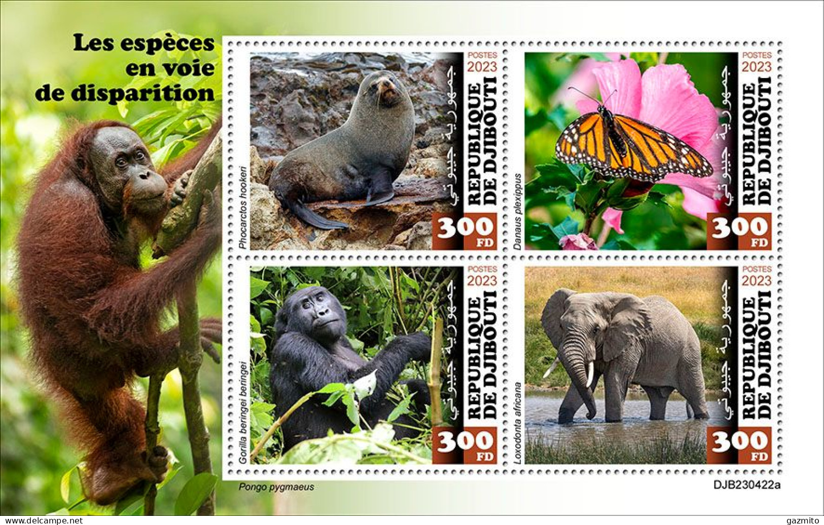 Djibouti 2023, Animals In Danger, Gorilla, Elephant, Butterfly, Seal, 4val In BF - Gorilles