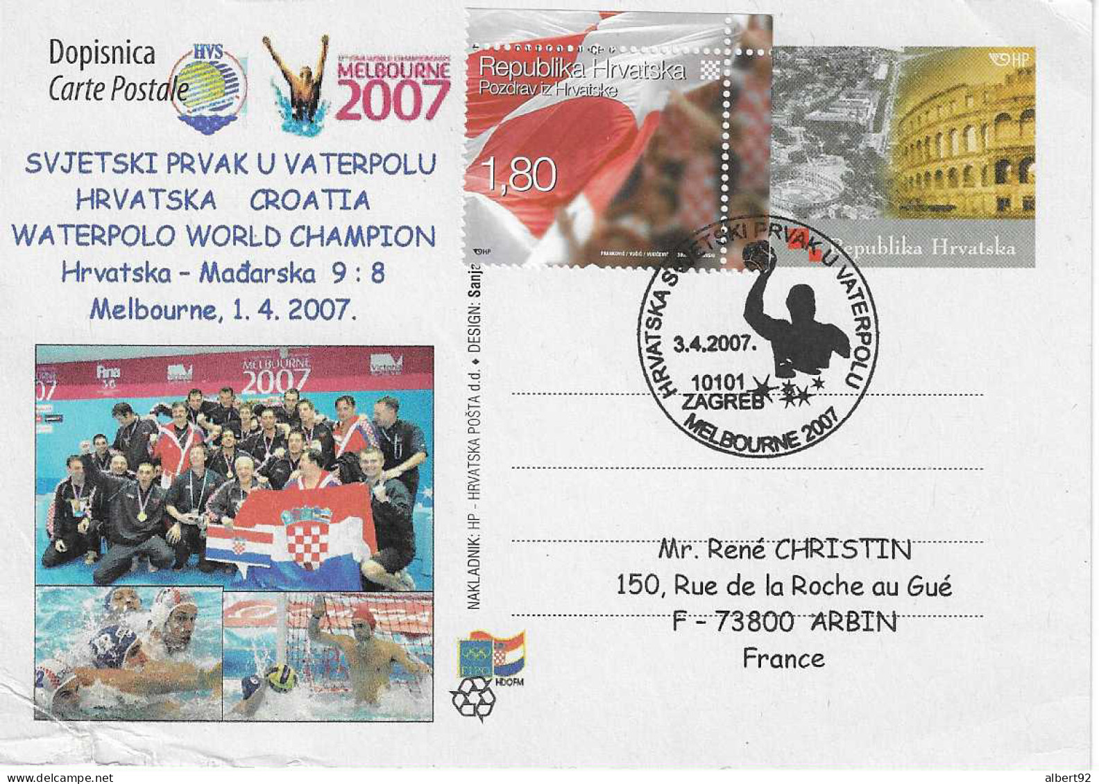 2007 La Croatie Remporte Les Championnats Du Monde De Water-Polo En Australie: Entier Postal - Waterpolo