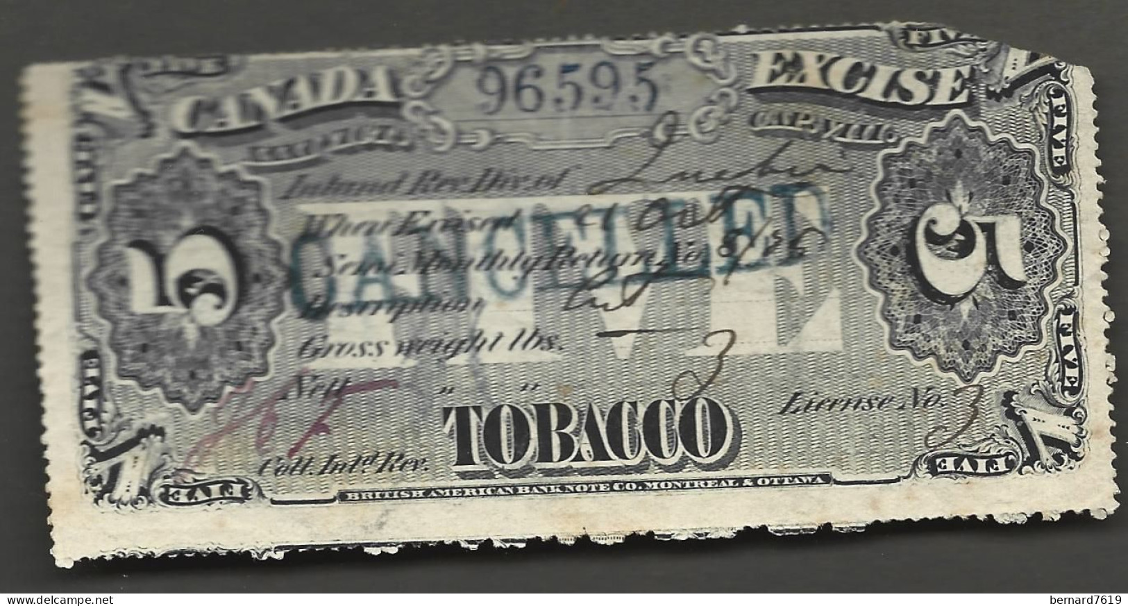 Bande - Tabac  Canada Excise Tobacco - Annee 1876 - Fiscaux