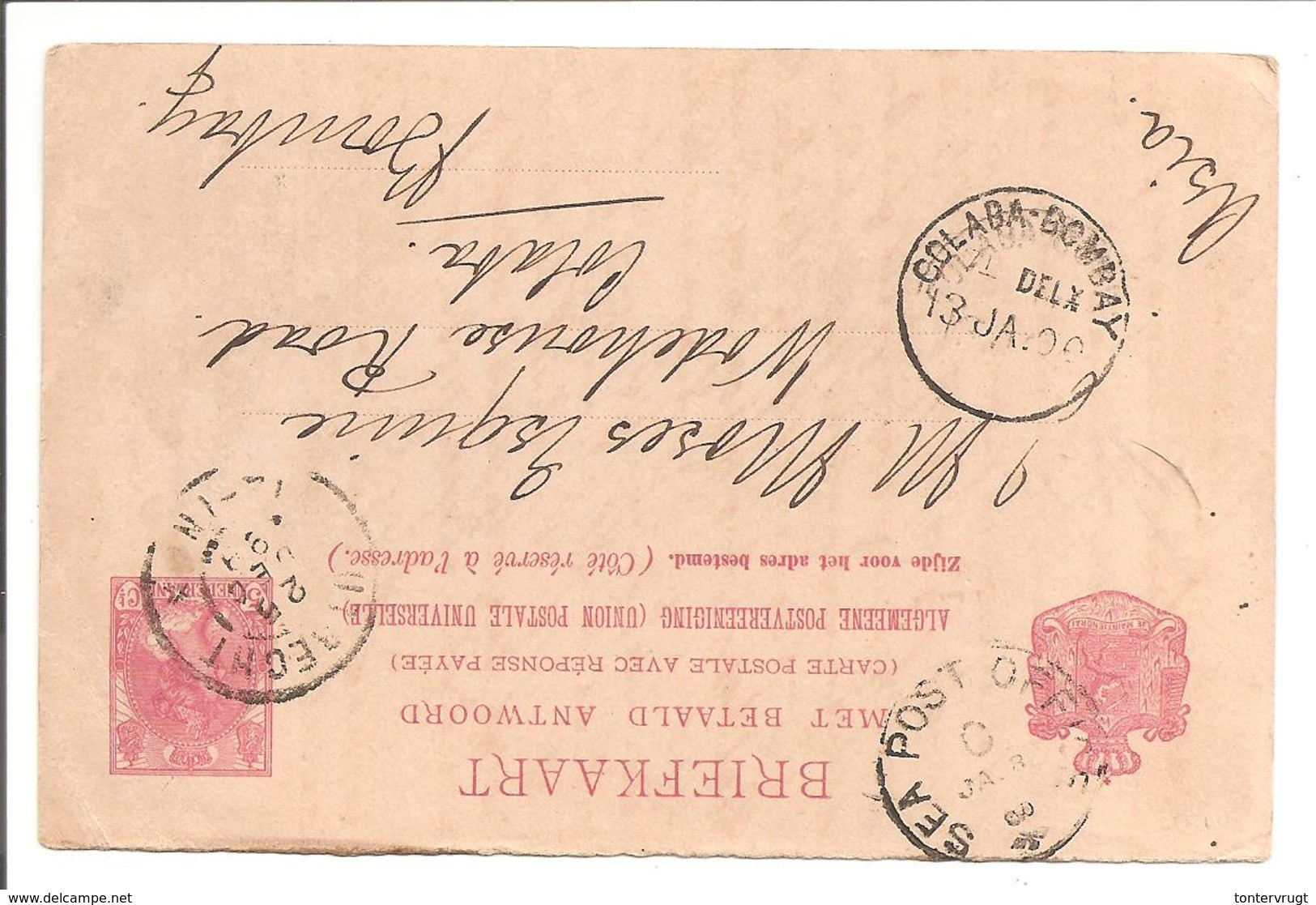Netherlands 21.12.1899 >Sea Post Office 8.1.00 > Colaba-Bombay 13.1.00 - 1882-1901 Empire