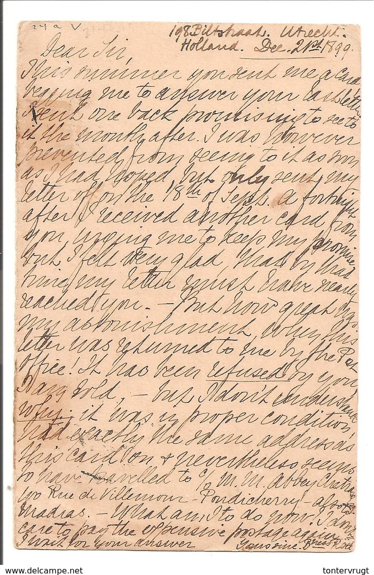 Netherlands 21.12.1899 >Sea Post Office 8.1.00 > Colaba-Bombay 13.1.00 - 1882-1901 Keizerrijk