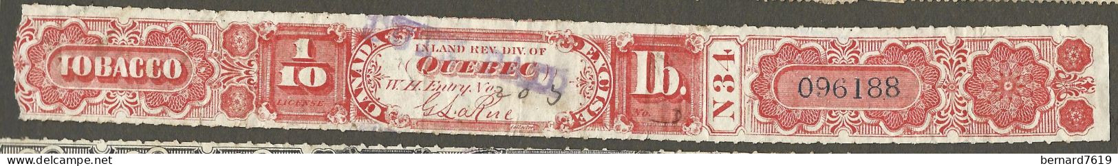 Bande - Tabac  Canada  Tobacco - Taxe -  Quebec Inland Rev - Vers  1875 - Fiscale Zegels