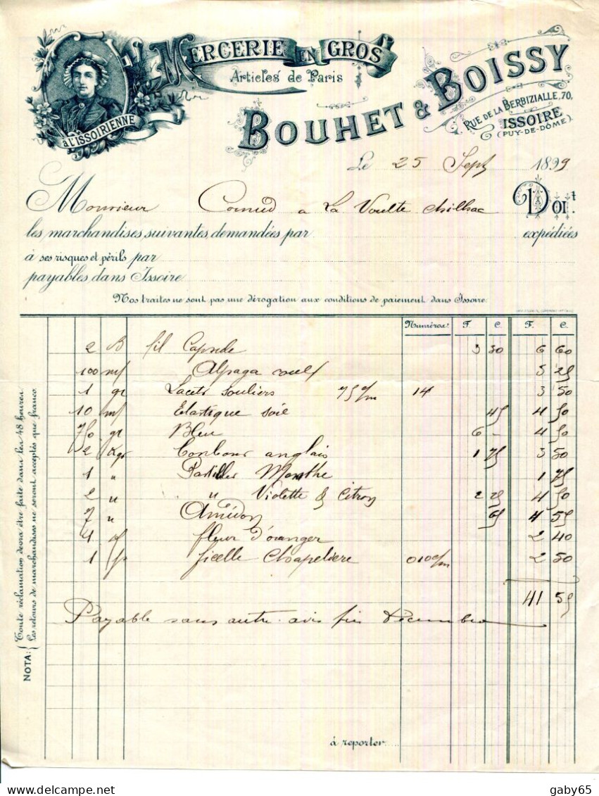 FACTURE.63.ISSOIRE.MERCERIE EN GROS.ARTICLES DE PARIS.BOUHET & BOISSY  A  " L'ISSOIRIENNE " 70 RUE DE LA BERBIZIALLE. - Textile & Vestimentaire