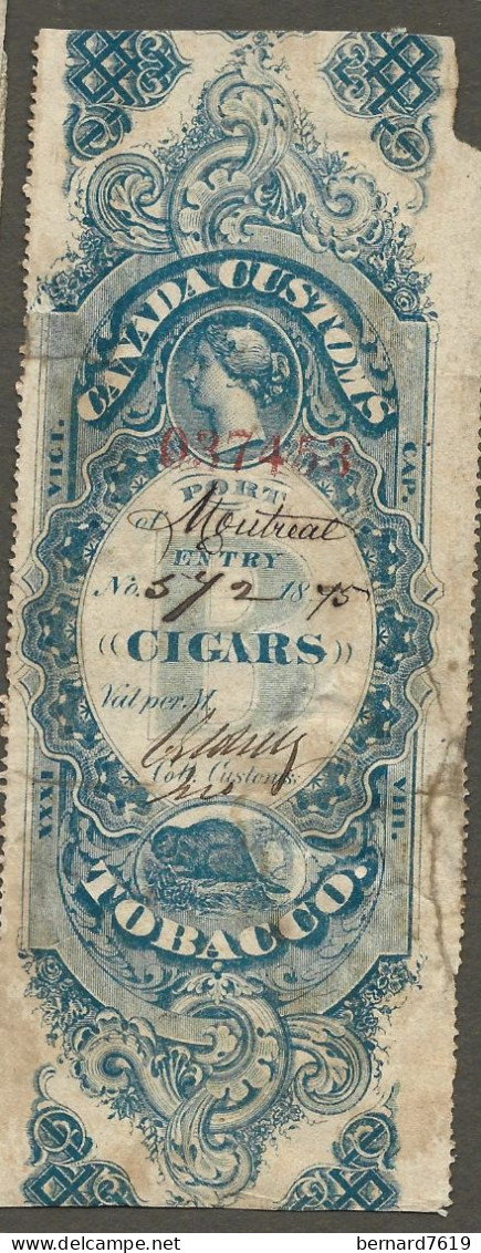 Bande - Tabac  Canada  Tobacco - Taxe - Customs - Cigars -   1875 - Steuermarken