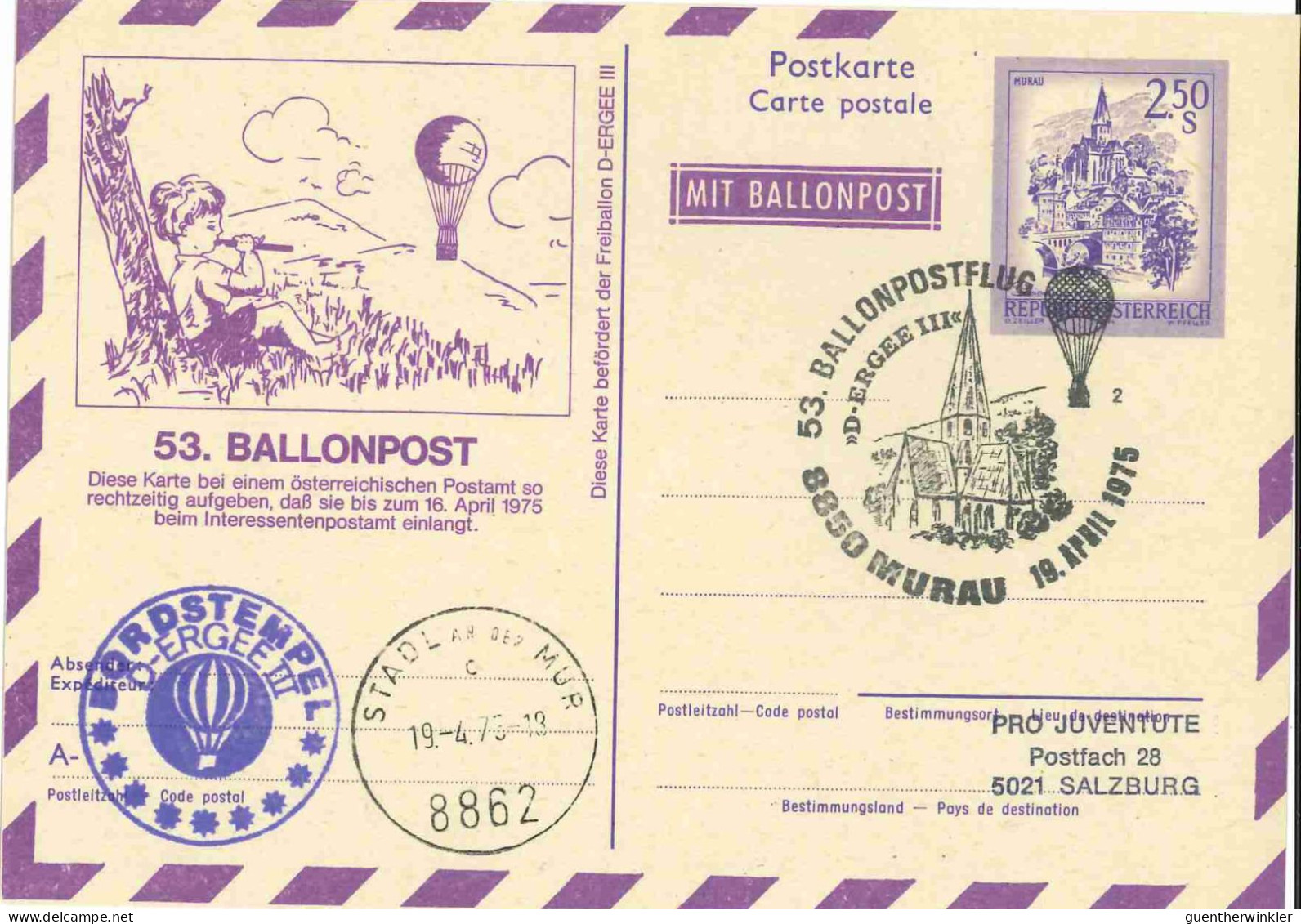 Regulärer Ballonpostflug Nr. 53b Der Pro Juventute [RBP53.] - Par Ballon