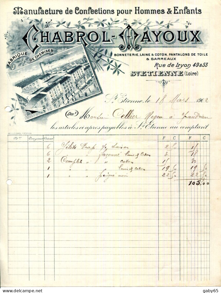 FACTURE.42.LOIRE.SAINT ÉTIENNE.MANUFACTURE DE CONFECTIONS POUR HOMMES & ENFANTS.CHABROL-MAYOUX 49 & 53 RUE DE LYON. - Textile & Vestimentaire