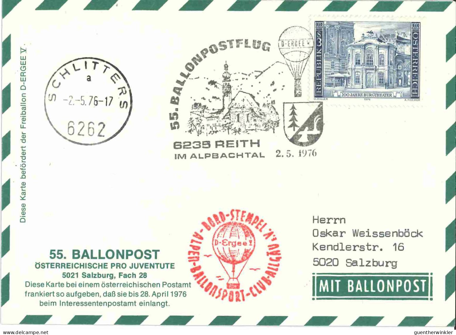 Regulärer Ballonpostflug Nr. 55b Der Pro Juventute [RBP55c] - Per Palloni