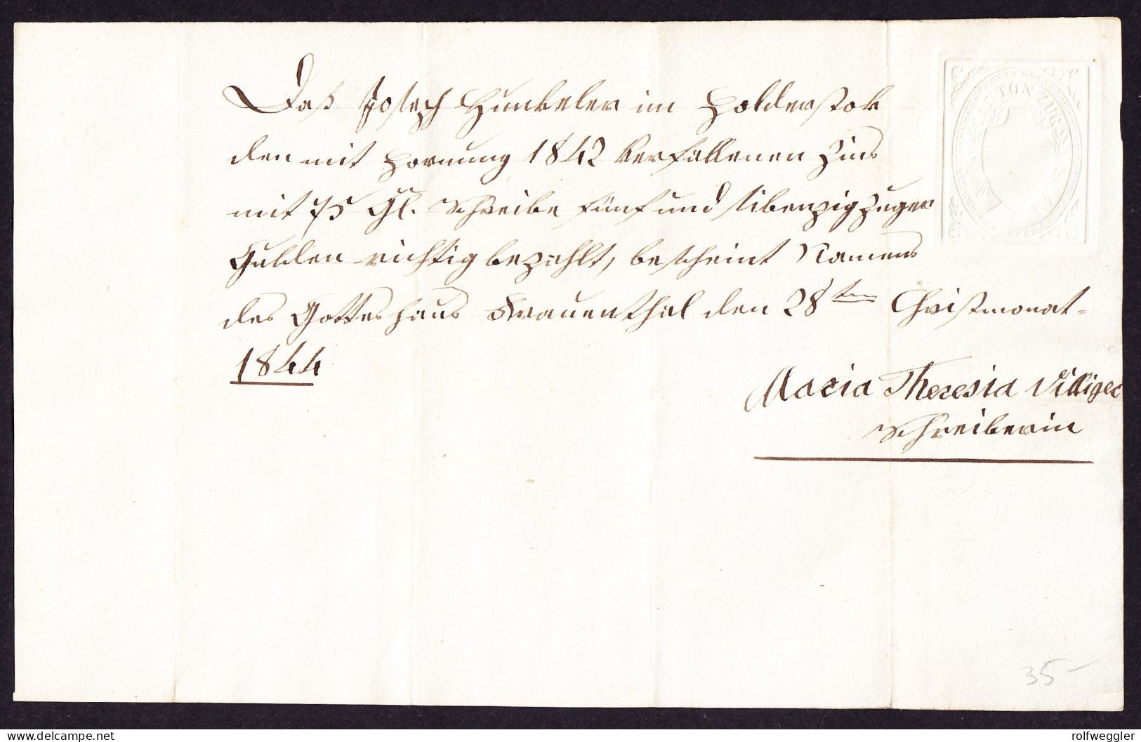 1844 Offizieller Beleg, Stempelpapier Mit Prägung Ohne Wertangabe Canton Zug. Gelistet Im Gainon Katalog - Fiscales