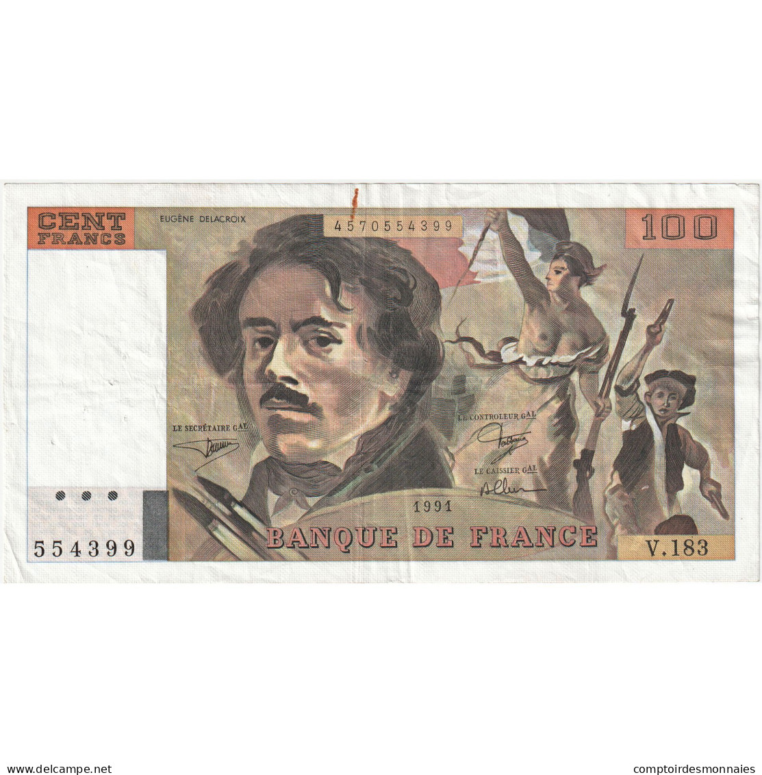 France, 100 Francs, Delacroix, 1991, V.183, TTB, Fayette:69bis.3b2, KM:154e - 100 F 1978-1995 ''Delacroix''