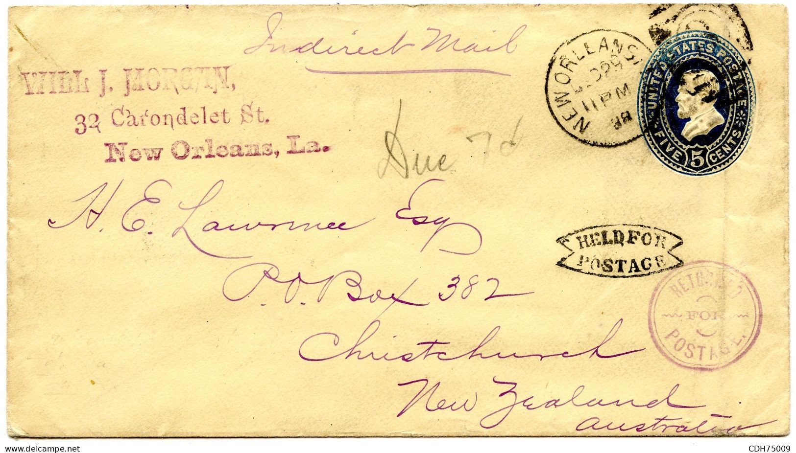 ETATS UNIS - HELD FOR POSTAGE + RETURNED FOR POSTAGE SUR ENTIER DE NEW ORLEANS POUR NEW ZEALAND, 1888 - Briefe U. Dokumente