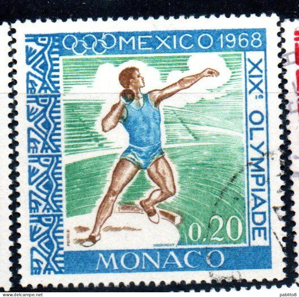 MONACO 1968 OLYMPIC GAMES OLIMPIQUE JEOUX MEXICO CITY SHOT PUT 20c USED USATO OBLITERE' - Usados