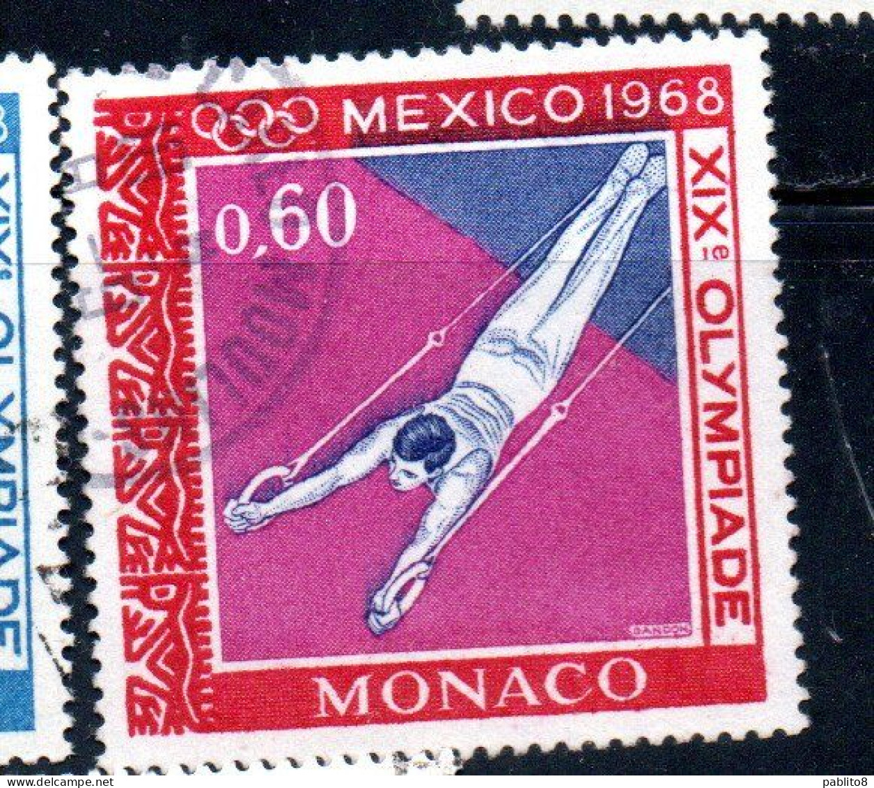 MONACO 1968 OLYMPIC GAMES OLIMPIQUE JEOUX MEXICO CITY GYMNAST ON RINGS 60c USED USATO OBLITERE' - Gebraucht