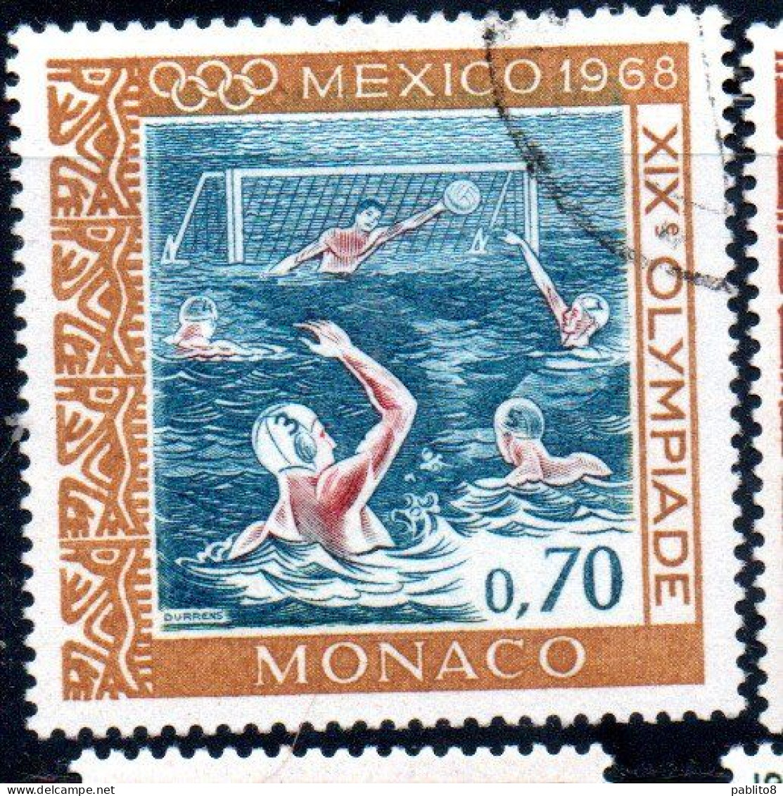 MONACO 1968 OLYMPIC GAMES OLIMPIQUE JEOUX MEXICO CITY WATER POLO 70c USED USATO OBLITERE' - Used Stamps