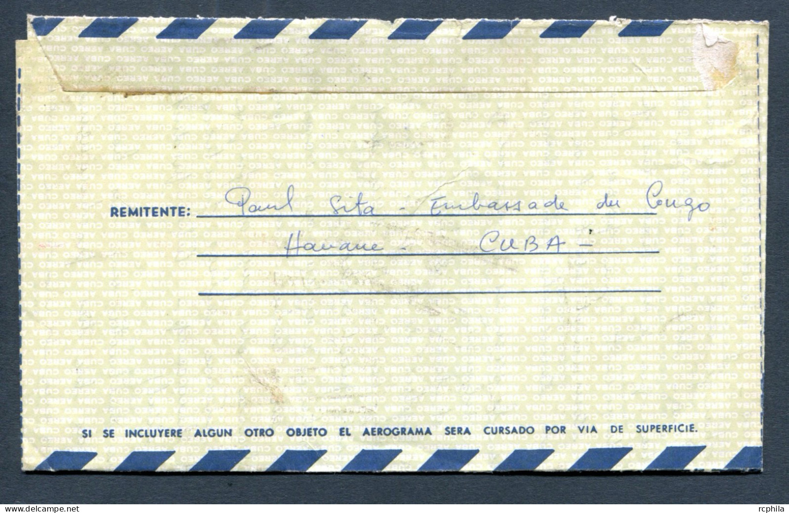 RC 26897 CUBA 1975 AEROGRAMME EXPÉDIÉ DE L'AMBASSADE DU CONGO DE LA HAVANE POUR LA FRANCE - Covers & Documents