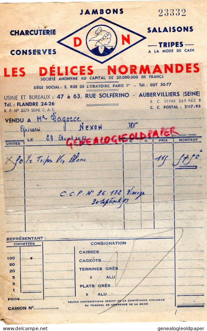 93 - AUBERVILLIERS- FACTURE CHARCUTERIE JAMBONS DN - DELICES NORMANDS -47 RUE SOLFERINO- 1953- LAGORCE NEXON - Food