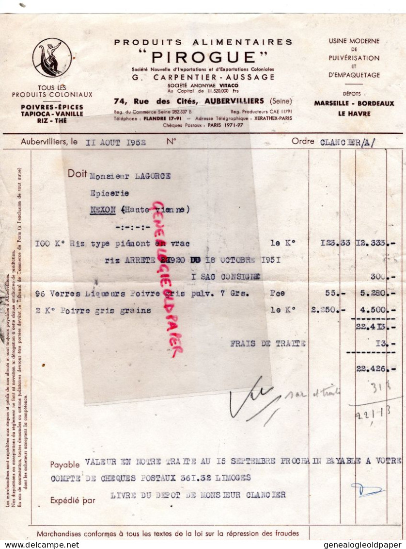 93- AUBERVILLIERS- FACTURE  PIROGUE - CARPENTIER AUSSAGE- VITACO -74 RUE DES CITES- 1952  POIVRES EPICES TAPIOCA VANILLE - Levensmiddelen