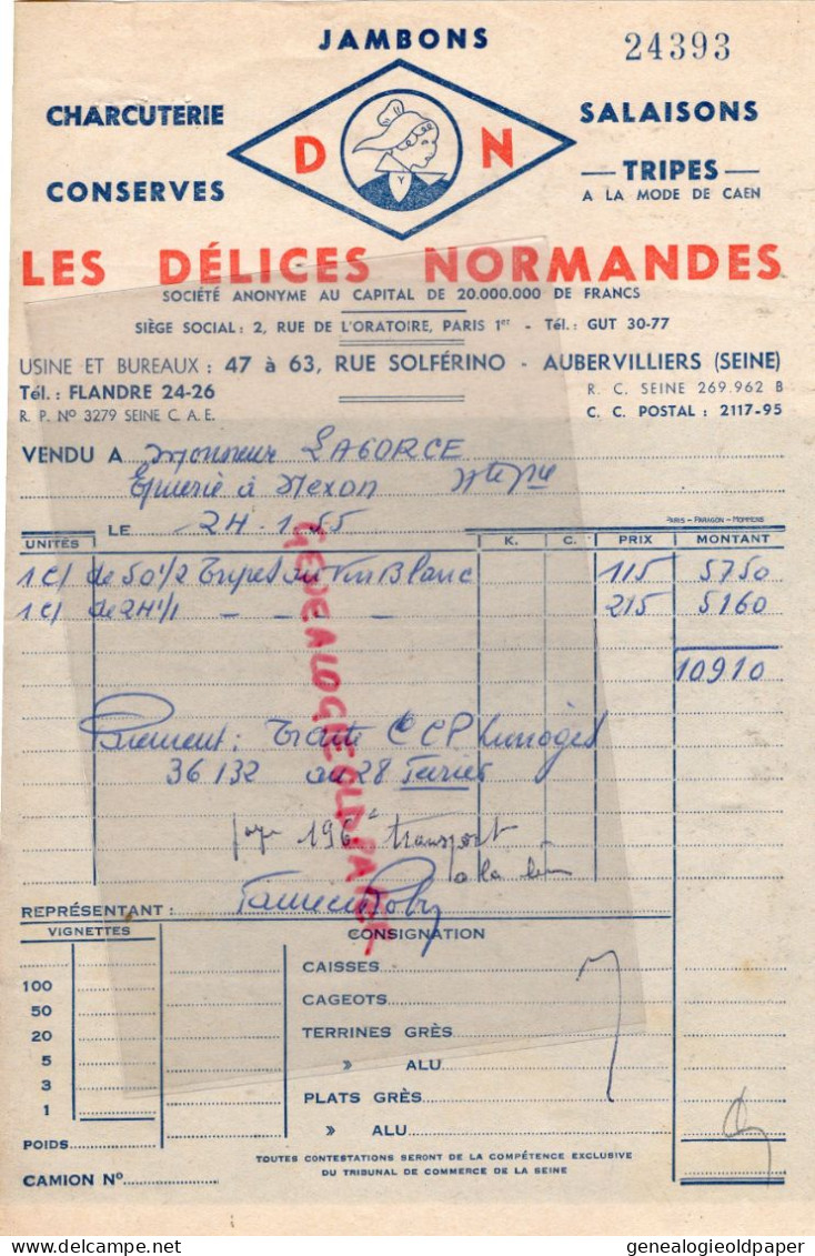 93- AUBERVILLIERS- FACTURE DELICES NORMANDES - 1955  47 RUE SOLFERINO-CHARCUTERIE CONSERVES SALAISONS - Levensmiddelen