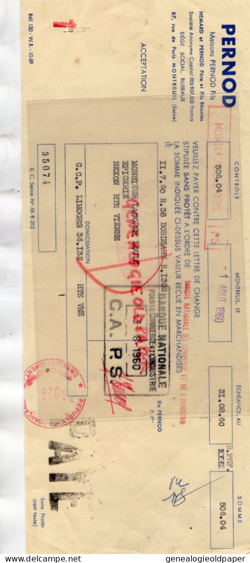 93- MONTREUIL- TRAITE PERNOD - HEMARD - 87 RUE DE PARIS - LAGORCE LOUIS NEXON -1960 - Alimentaire