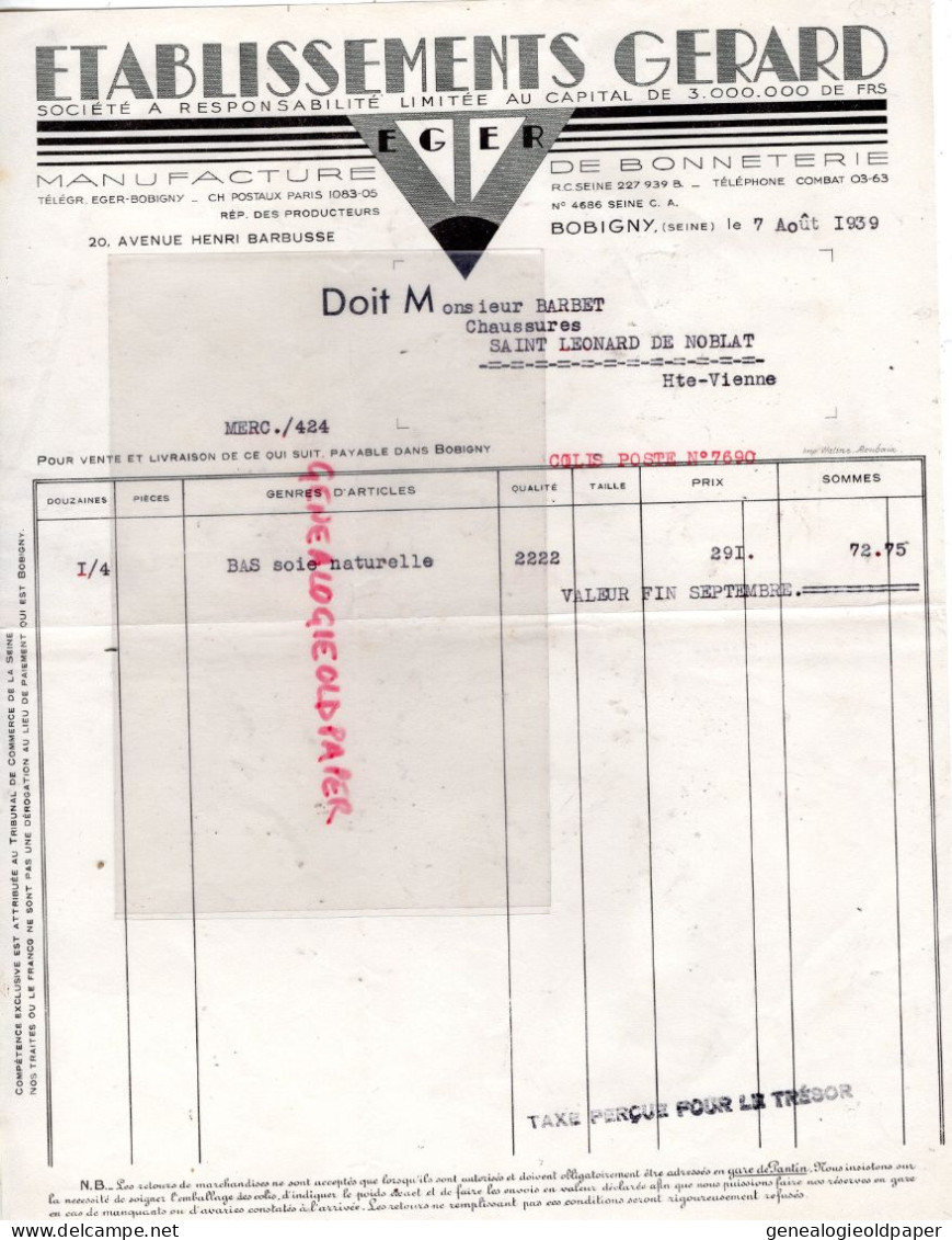 93- BOBIGNY- FACTURE ETS. GERARD - EGER- MANUFACTURE BONNETERIE- 20 RUE HENRI BARBUSSE- 1939 - Textile & Vestimentaire