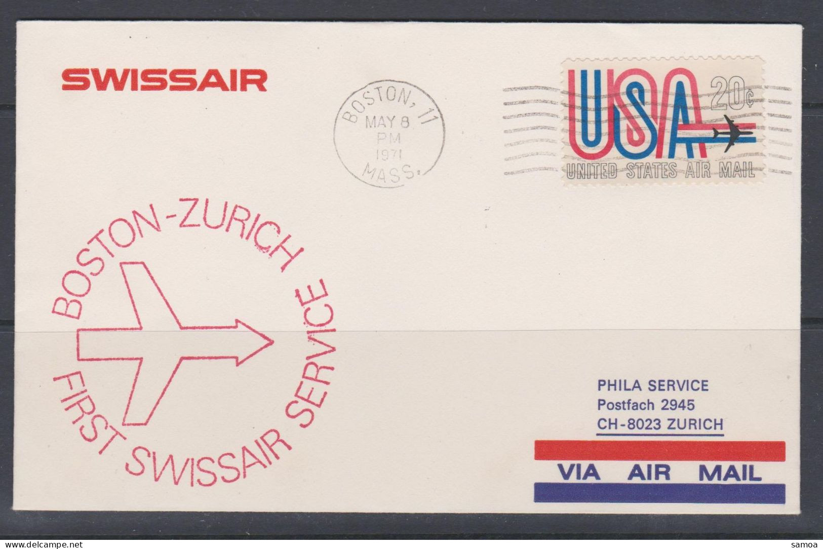 États-Unis FDC 1971 Swissair Vol Boston Zurich PA 71 Avion - 1971-1980