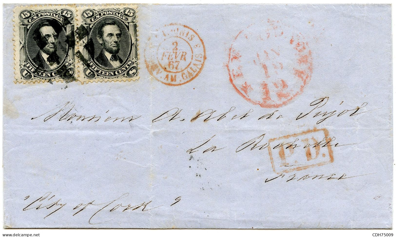 ETATS UNIS - 15 CTS LINCOLN X2 SUR LETTRE DE NEW YORK POUR LA FRANCE, 1867 - Lettres & Documents